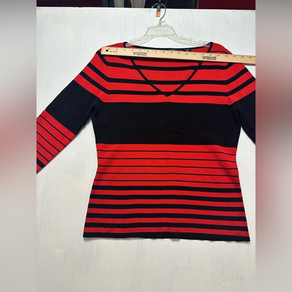 Sculpturesilk Red Black Striped Silk Blend Sweater Women’s Large 3/4 Sleeve - Picture 7 of 8